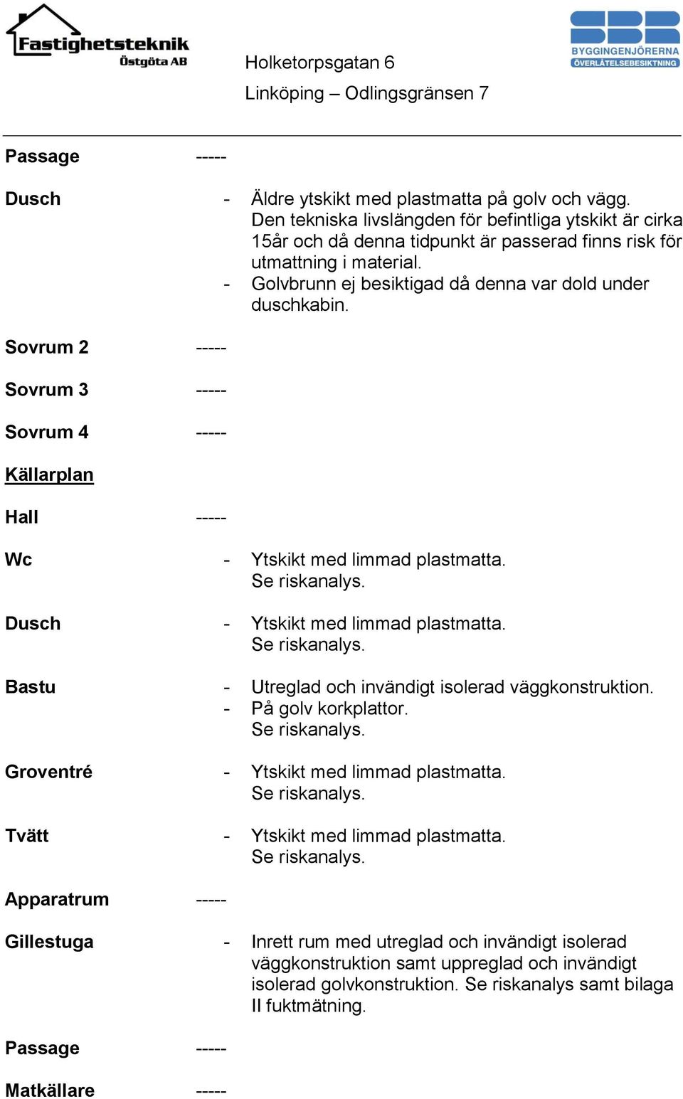 Sovrum 2 ----- Sovrum 3 ----- Sovrum 4 ----- Källarplan Hall ----- Wc - Ytskikt med limmad plastmatta. Se riskanalys. Dusch - Ytskikt med limmad plastmatta. Se riskanalys. Bastu - Utreglad och invändigt isolerad väggkonstruktion.