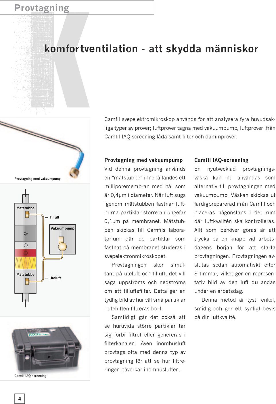 Provtagning med vakuumpump Mätstubbe Tilluft Vakuumpump Mätstubbe Uteluft Provtagningsschema Camfil IAQ-screening Provtagning med vakuumpump Vid denna provtagning används en mätstubbe innehållandes