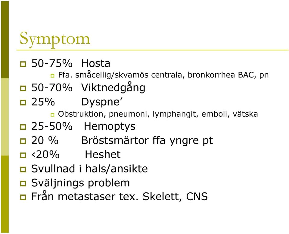 Dyspne Obstruktion, pneumoni, lymphangit, emboli, vätska 25-50%