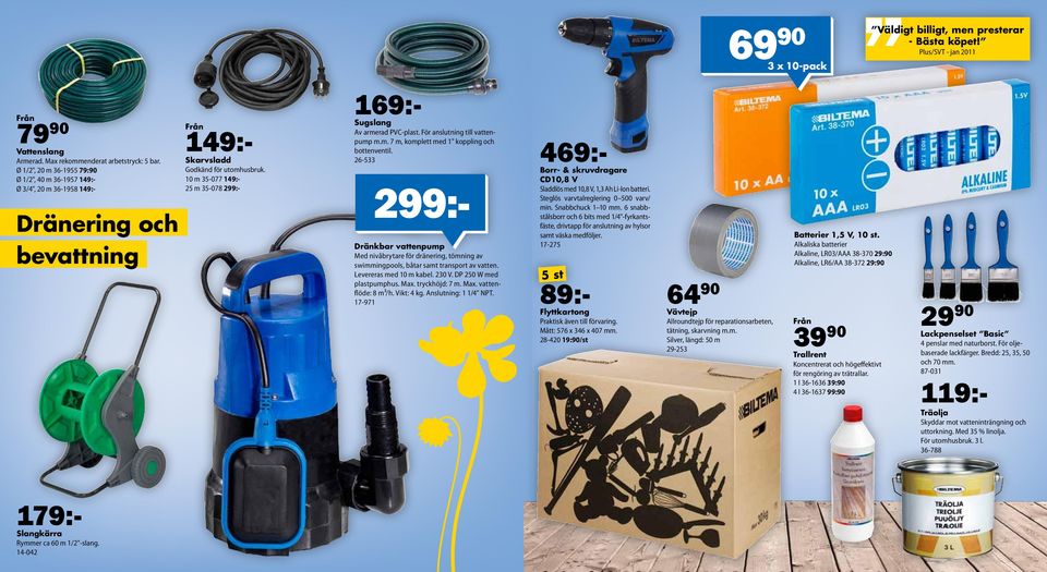 10 m 35-077 149:- 25 m 35-078 299:- 149:- 169:- Sugslang Av armerad PVC-plast. För anslutning till vattenpump m.m. 7 m, komplett med 1" koppling och bottenventil.