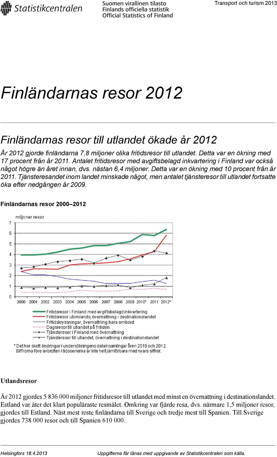 Detta var en ökning med 10 procent från år 2011. Tjänsteresandet inom landet minskade något, men antalet tjänsteresor till utlandet fortsatte öka efter nedgången år 2009.