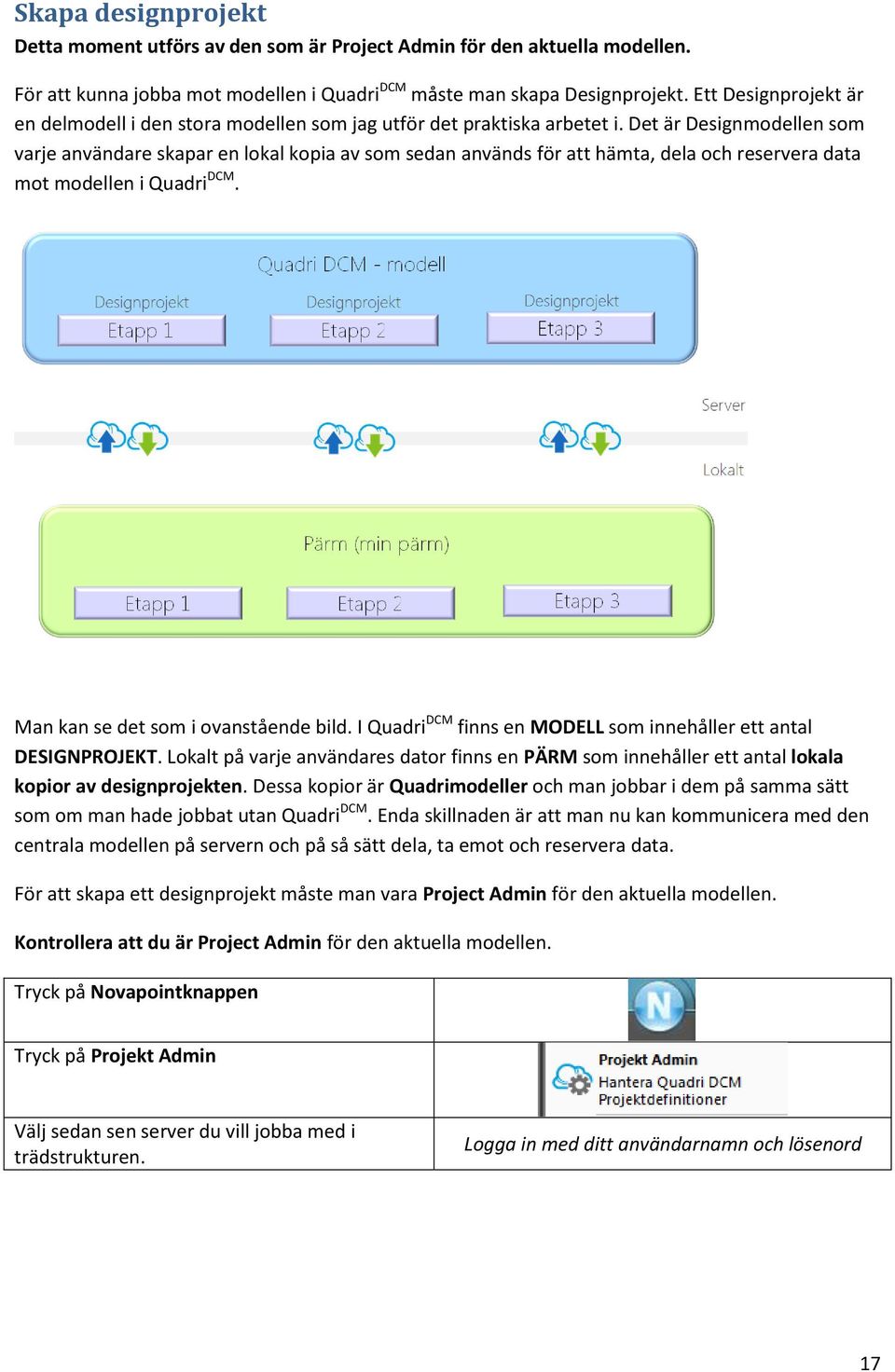 Det är Designmodellen som varje användare skapar en lokal kopia av som sedan används för att hämta, dela och reservera data mot modellen i Quadri DCM. Man kan se det som i ovanstående bild.