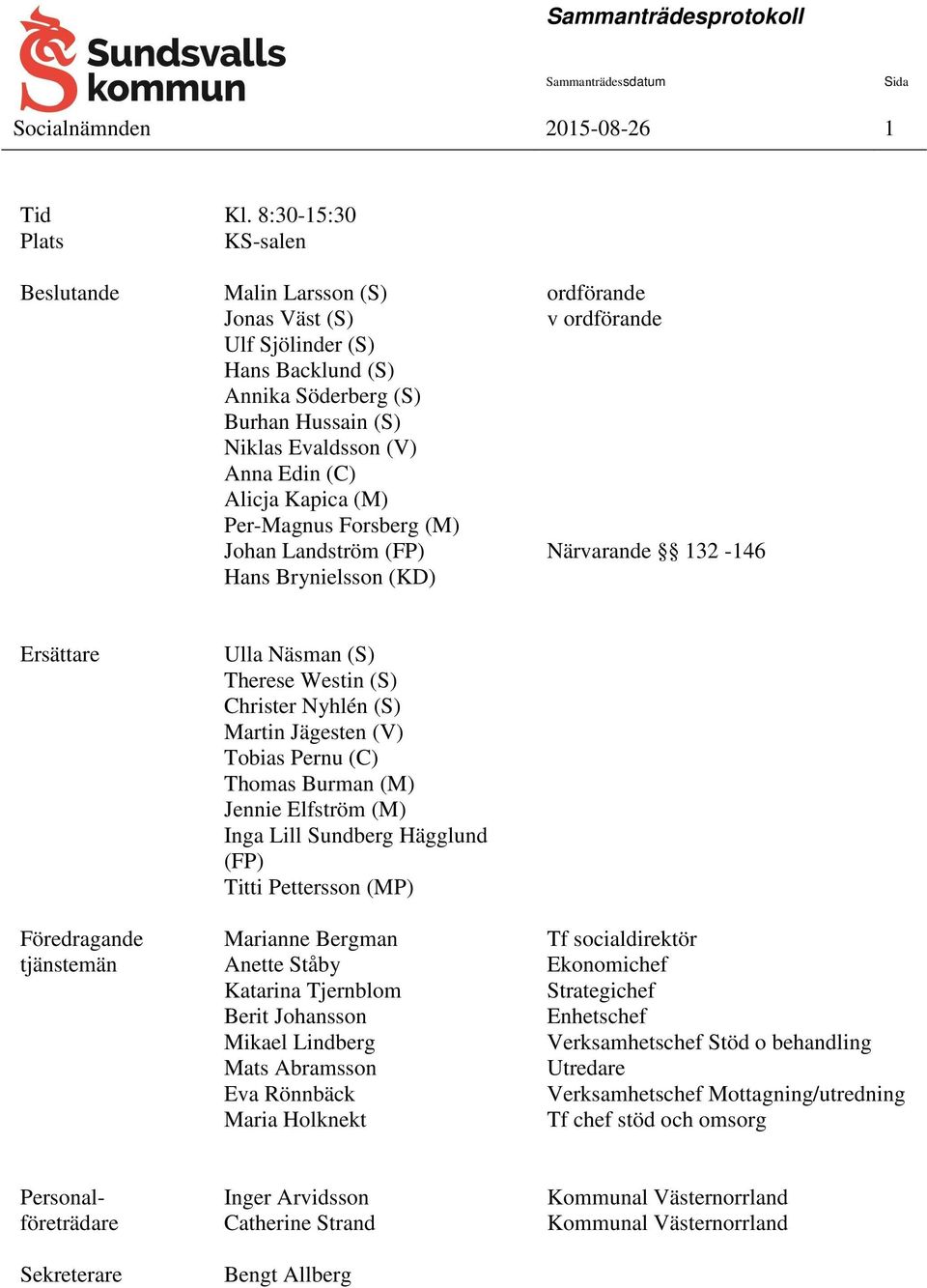 Edin (C) Alicja Kapica (M) Per-Magnus Forsberg (M) Johan Landström (FP) Närvarande 132-146 Hans Brynielsson (KD) Ersättare Ulla Näsman (S) Therese Westin (S) Christer Nyhlén (S) Martin Jägesten (V)