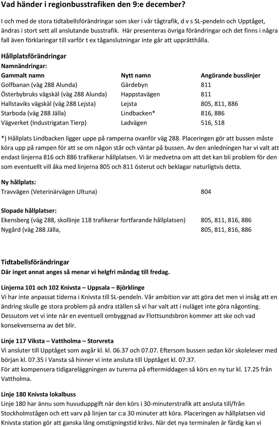 Hållplatsförändringar Namnändringar: Gammalt namn Nytt namn Angörande busslinjer Golfbanan (väg 288 Alunda) Gärdebyn 811 Österbybruks vägskäl (väg 288 Alunda) Happstavägen 811 Hallstaviks vägskäl