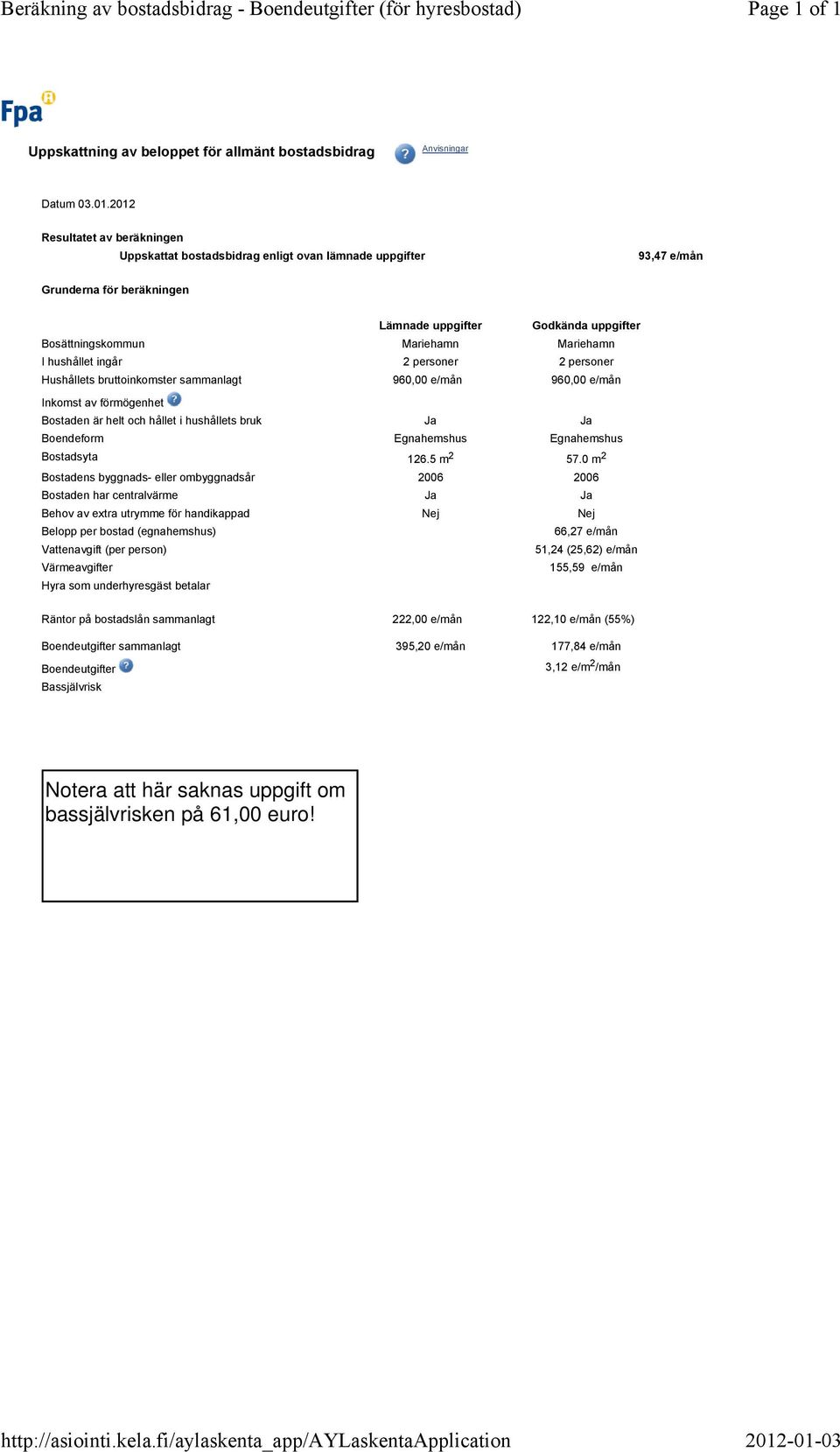 0 m 2 Belopp per bostad (egnahemshus) 66,27 e/mån 51,24 (25,62) e/mån 155,59 e/mån Räntor på