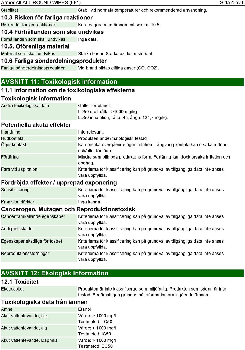 Starka oxidationsmedel. 10.6 Farliga sönderdelningsprodukter Farliga sönderdelningsprodukter Vid brand bildas giftiga gaser (CO, CO2). AVSNITT 11: Toxikologisk information 11.