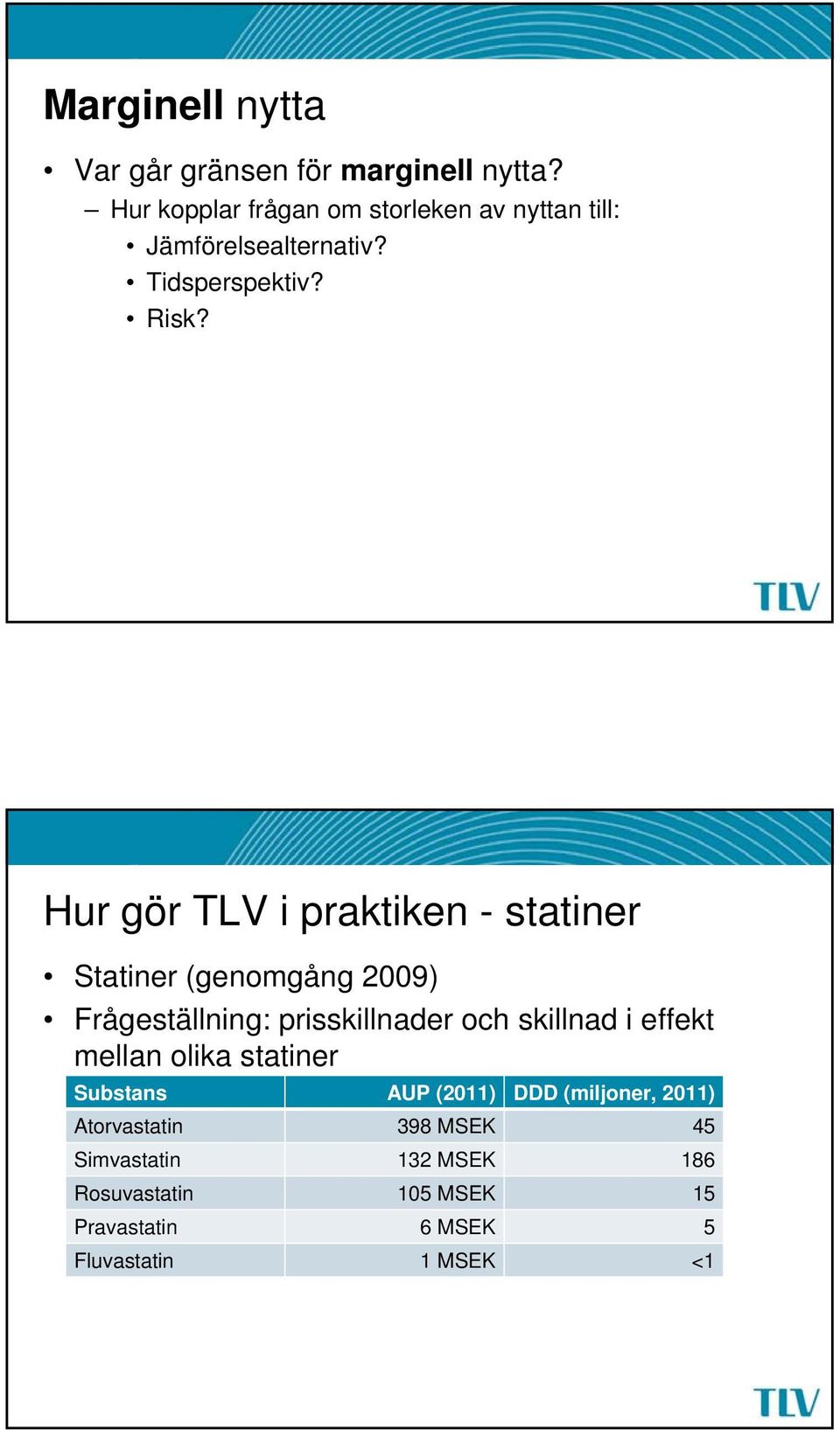 Hur gör TLV i praktiken - statiner Statiner (genomgång 2009) Frågeställning: prisskillnader och skillnad i