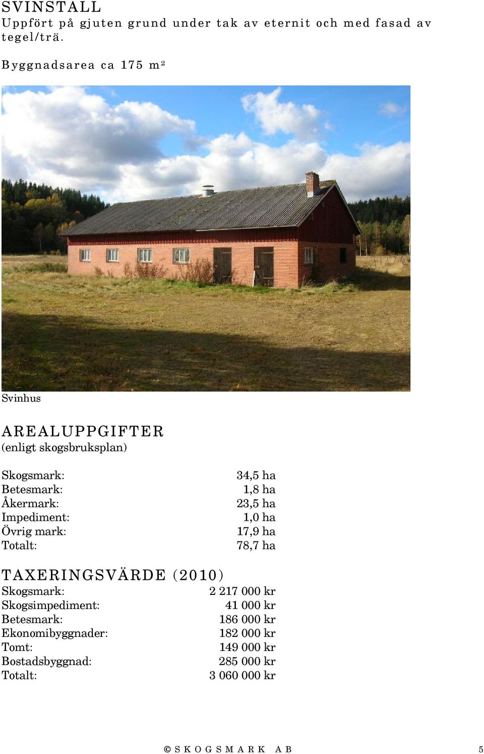 Övrig mark: Totalt: 34,5 ha 1,8 ha 23,5 ha 1,0 ha 17,9 ha 78,7 ha TAXERINGSVÄRDE (2010) Skogsmark: Skogsimpediment: