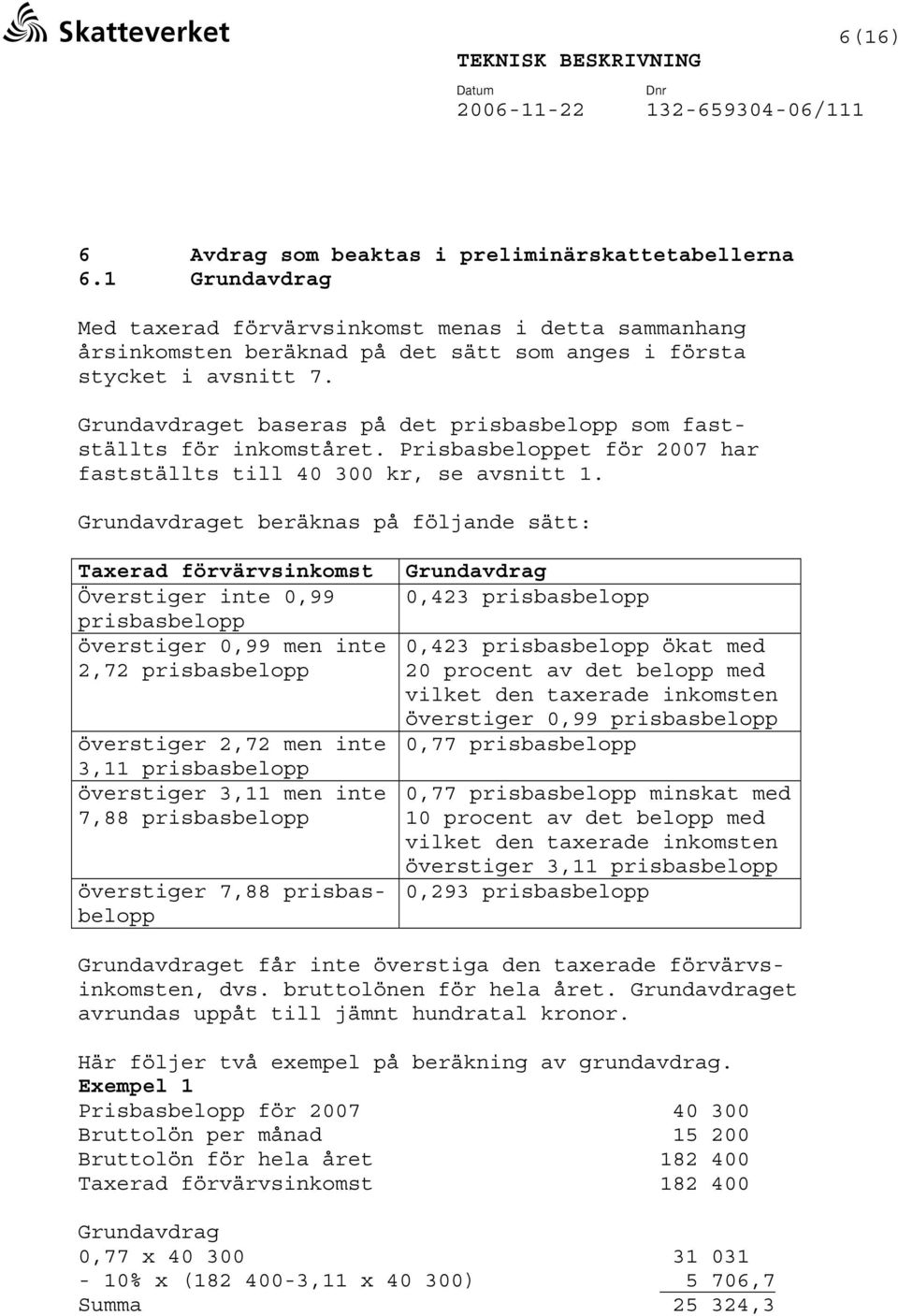 Grundavdraget baseras på det prisbasbelopp som fastställts för inkomståret. Prisbasbeloppet för 2007 har fastställts till 40 300 kr, se avsnitt 1.