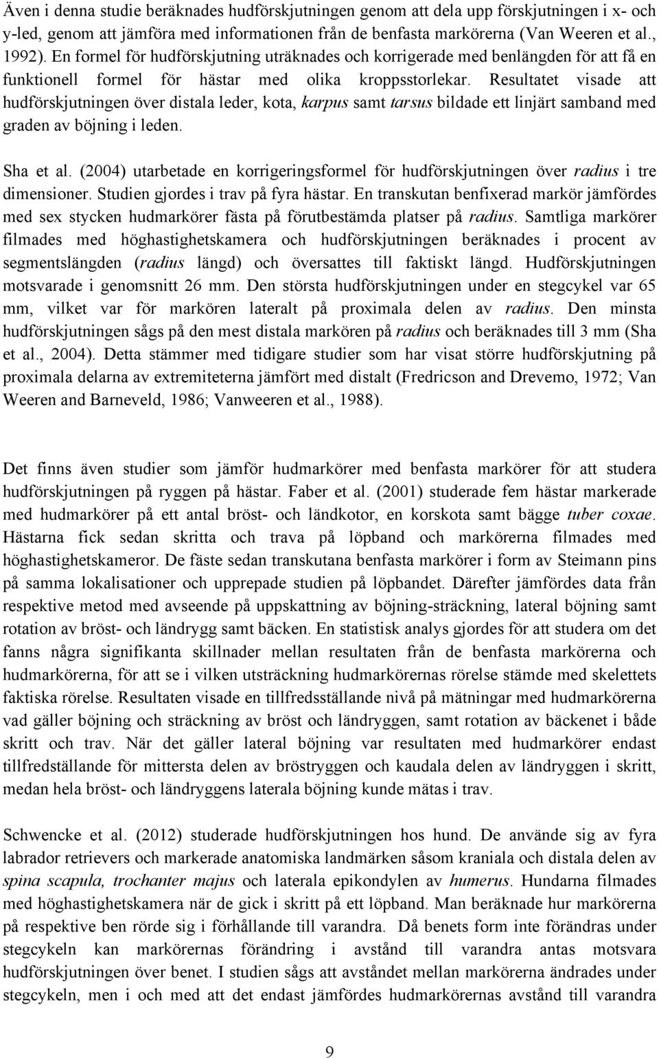 Resultatet visade att hudförskjutningen över distala leder, kota, karpus samt tarsus bildade ett linjärt samband med graden av böjning i leden. Sha et al.