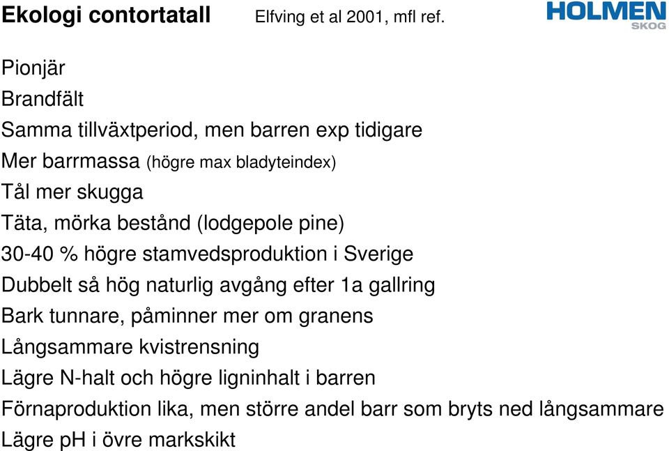 mörka bestånd (lodgepole pine) 30-40 % högre stamvedsproduktion i Sverige Dubbelt så hög naturlig avgång efter 1a gallring