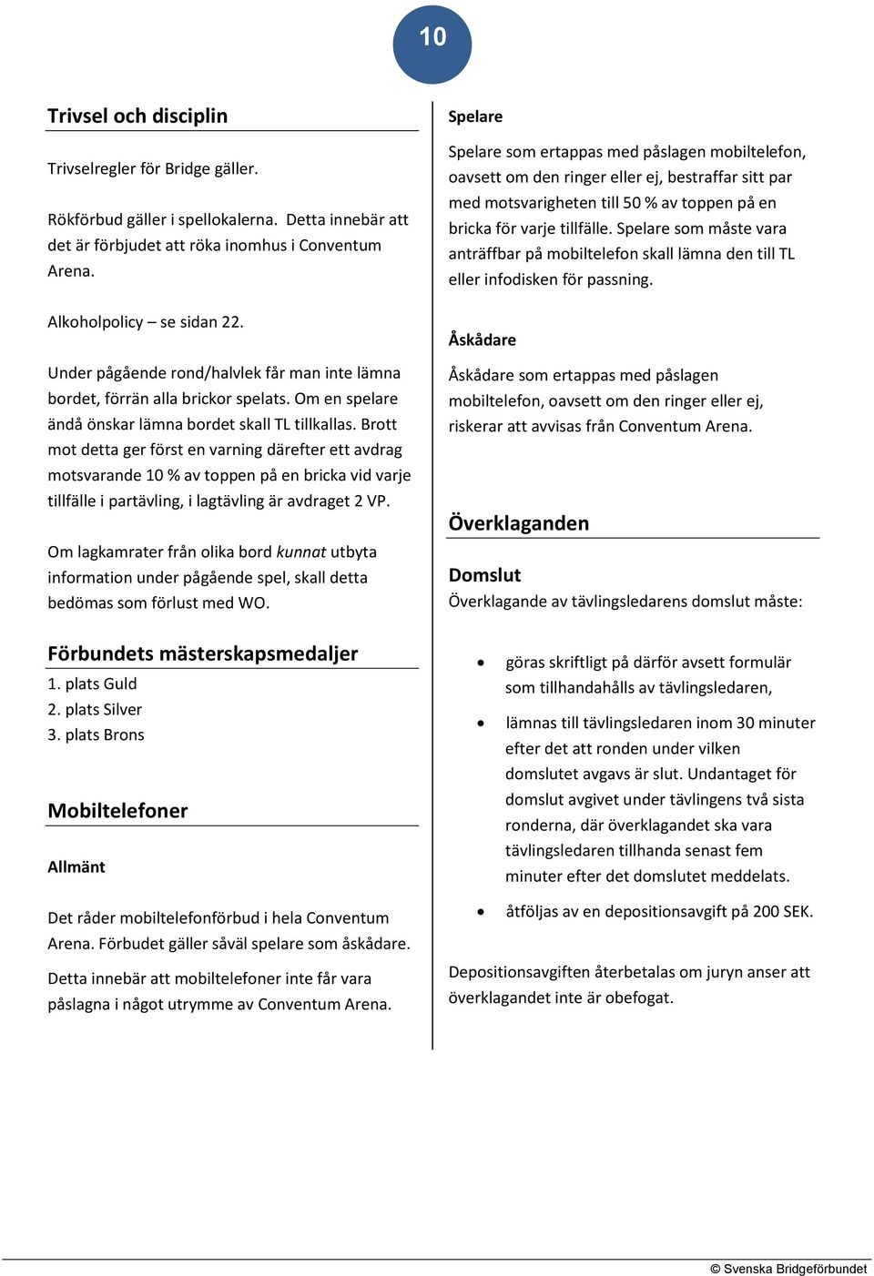 Brott mot detta ger först en varning därefter ett avdrag motsvarande 10 % av toppen på en bricka vid varje tillfälle i partävling, i lagtävling är avdraget 2 VP.