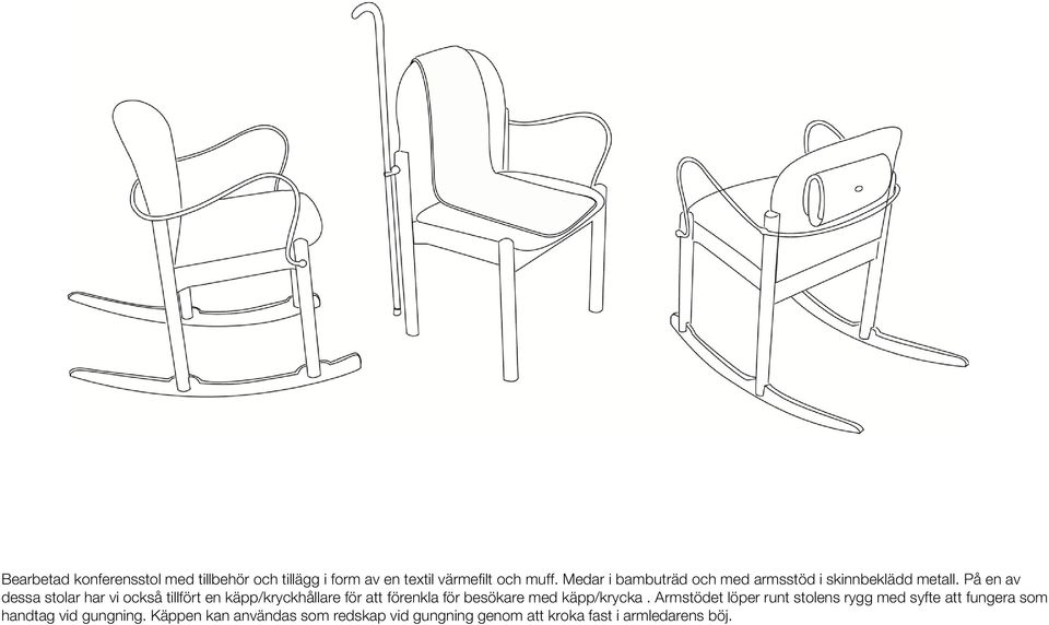 På en av dessa stolar har vi också tillfört en käpp/kryckhållare för att förenkla för besökare med
