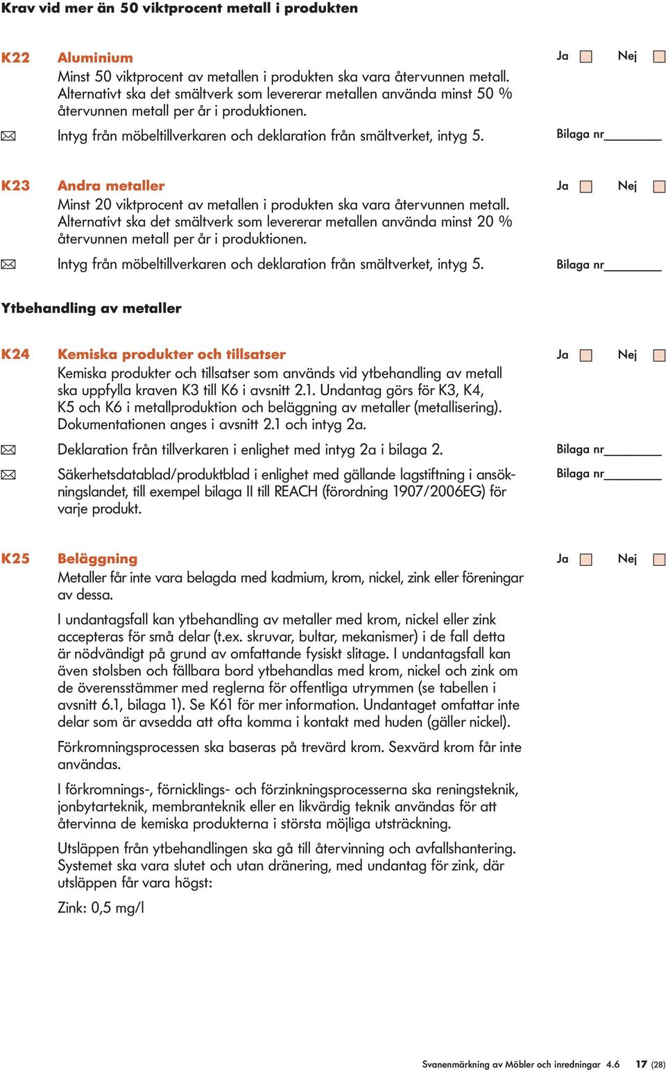 K23 Andra metaller Minst 20 viktprocent av metallen i produkten ska vara återvunnen metall.
