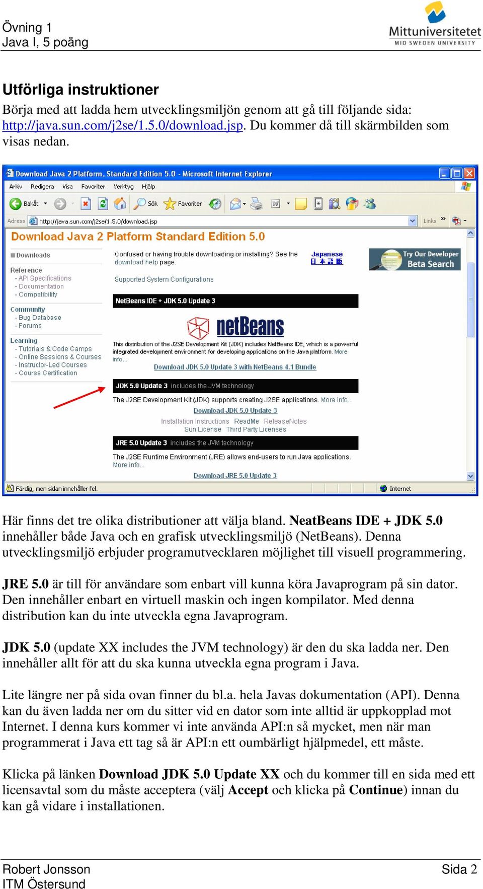 Denna utvecklingsmiljö erbjuder programutvecklaren möjlighet till visuell programmering. JRE 5.0 är till för användare som enbart vill kunna köra Javaprogram på sin dator.