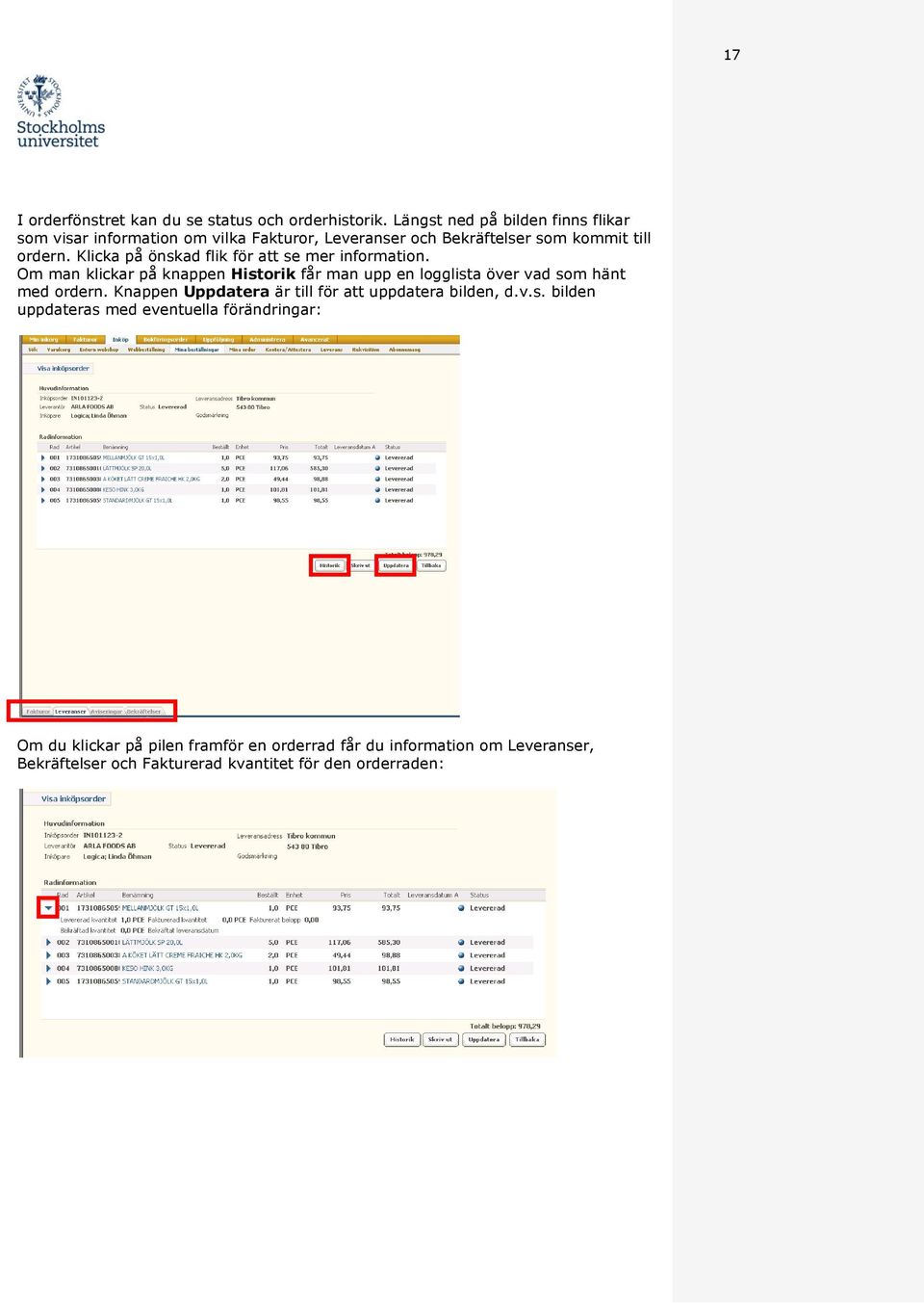 Klicka på önskad flik för att se mer information. Om man klickar på knappen Historik får man upp en logglista över vad som hänt med ordern.