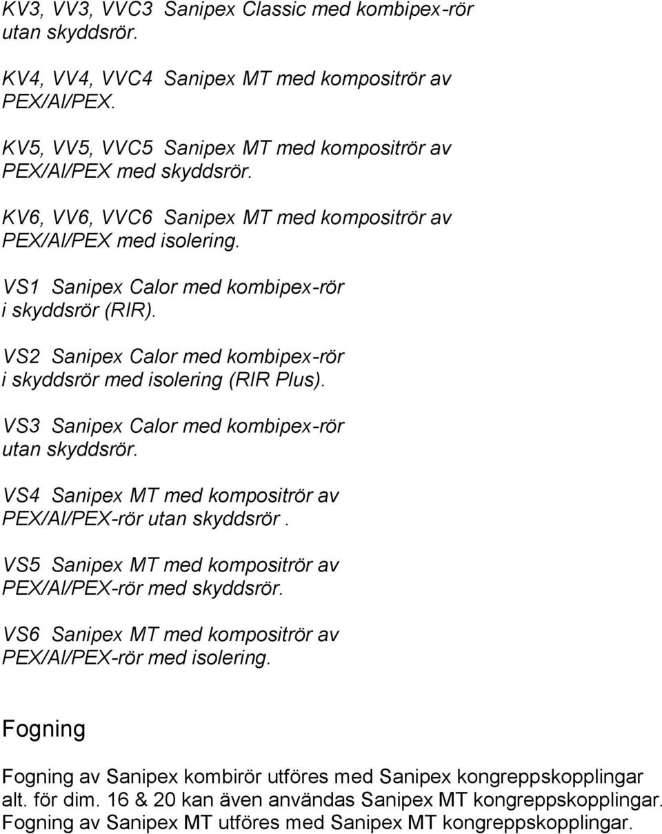 VS1 Sanipex Calor med kombipex-rör VS2 Sanipex Calor med kombipex-rör VS3 Sanipex Calor med kombipex-rör VS4 Sanipex MT med kompositrör av PEX/Al/PEX-rör utan skyddsrör.