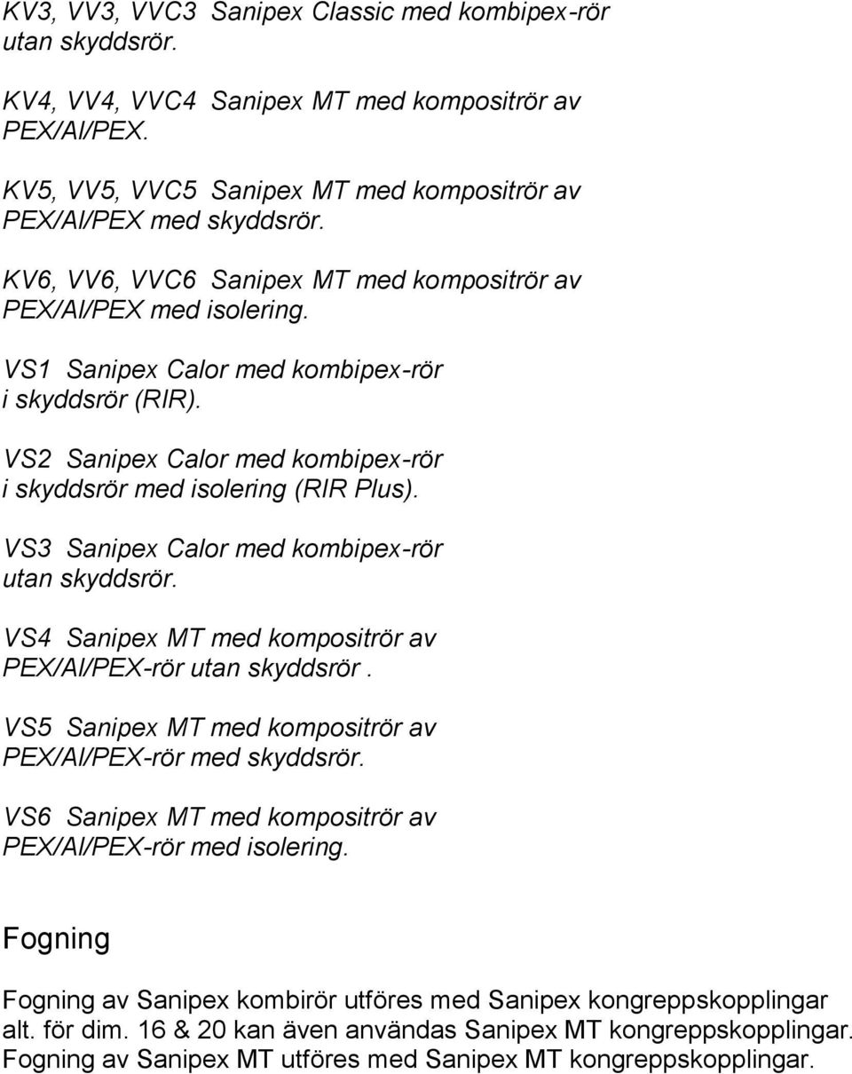 VS1 Sanipex Calor med kombipex-rör VS2 Sanipex Calor med kombipex-rör VS3 Sanipex Calor med kombipex-rör VS4 Sanipex MT med kompositrör av PEX/Al/PEX-rör utan skyddsrör.