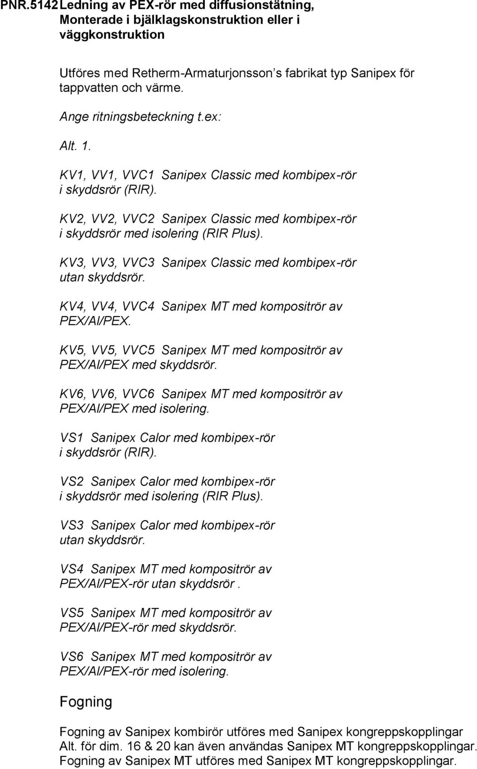 ex: KV1, VV1, VVC1 Sanipex Classic med kombipex-rör KV2, VV2, VVC2 Sanipex Classic med kombipex-rör KV3, VV3, VVC3 Sanipex Classic med kombipex-rör KV4, VV4, VVC4 Sanipex MT med kompositrör av