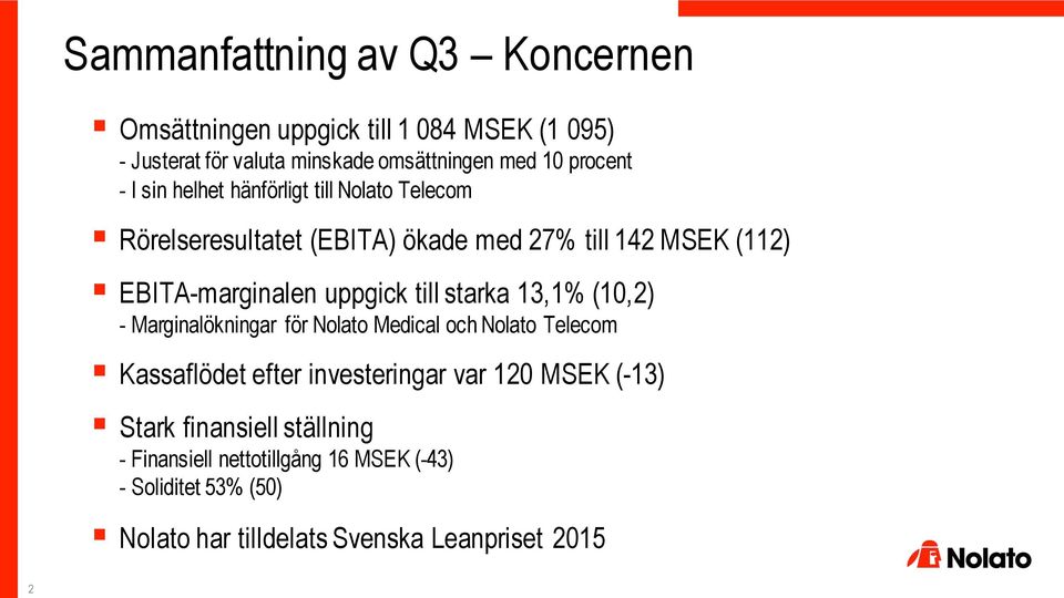 till starka 13,1% (1,2) - Marginalökningar för Nolato Medical och Nolato Telecom Kassaflödet efter investeringar var 12 MSEK (-13)