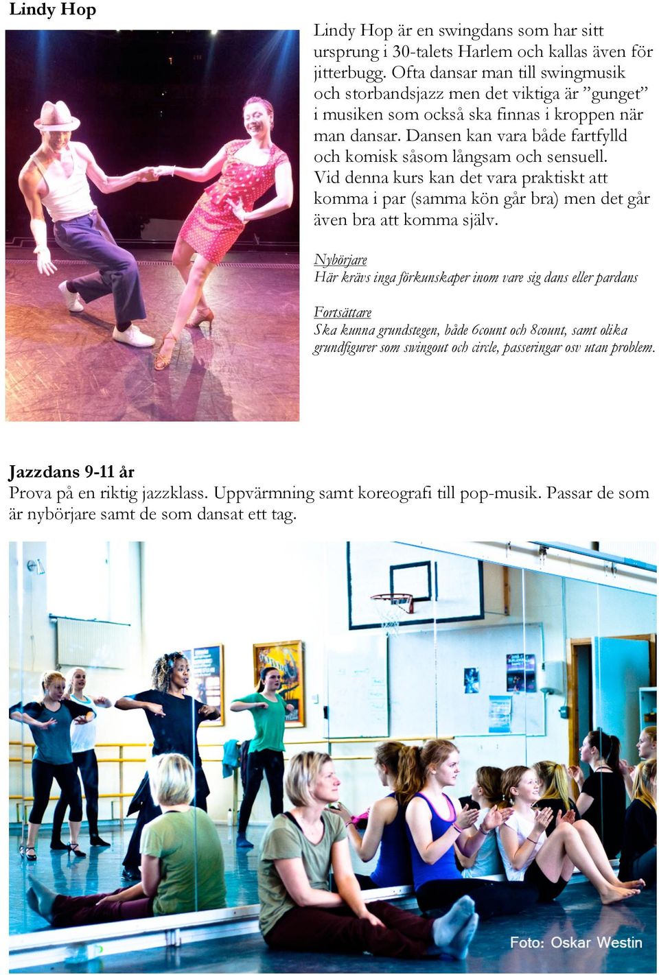 Dansen kan vara både fartfylld och komisk såsom långsam och sensuell. Vid denna kurs kan det vara praktiskt att komma i par (samma kön går bra) men det går även bra att komma själv.
