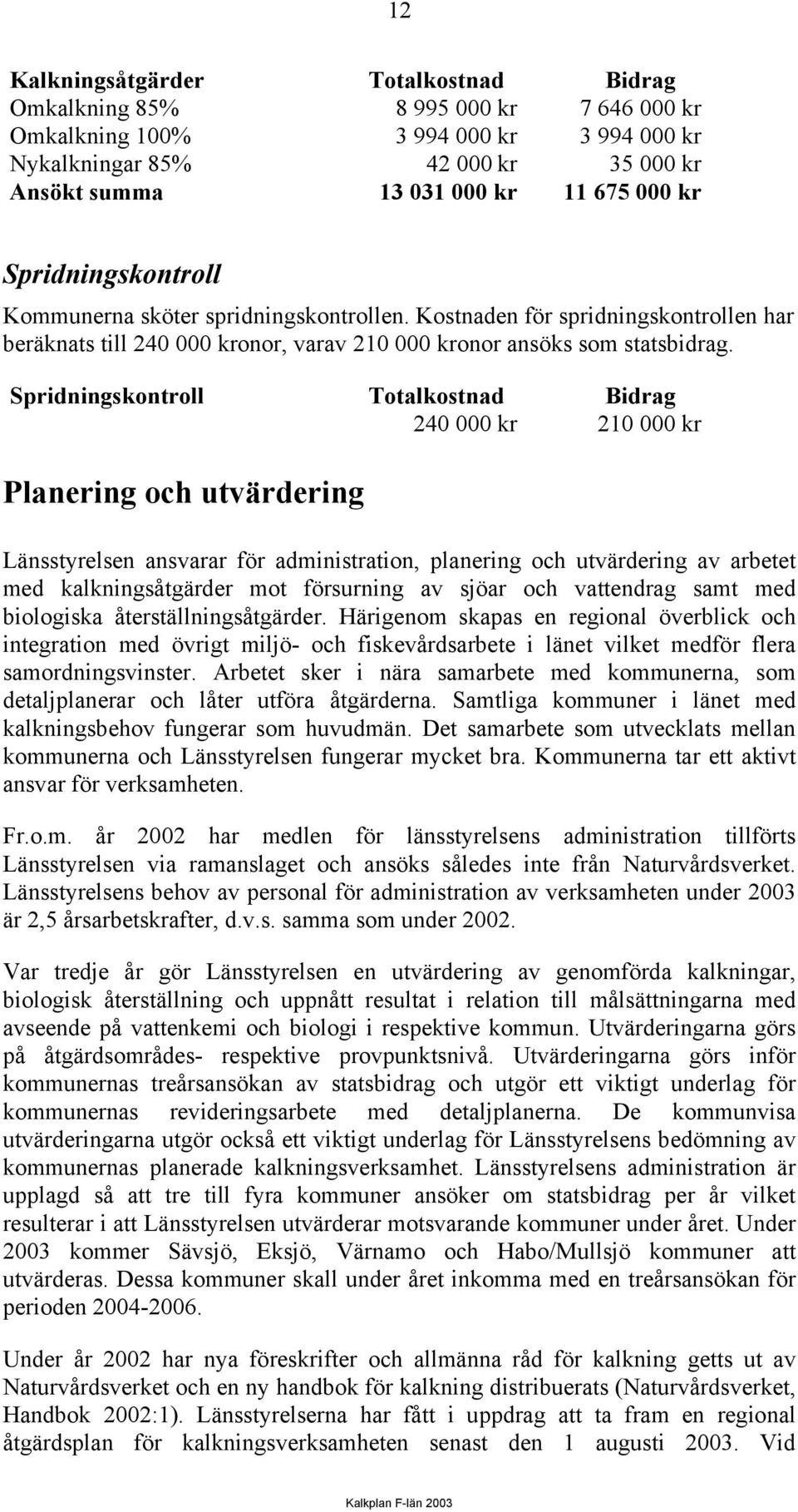 Spridningskontroll Totalkostnad Bidrag 240 000 kr 210 000 kr Planering och utvärdering Länsstyrelsen ansvarar för administration, planering och utvärdering av arbetet med kalkningsåtgärder mot