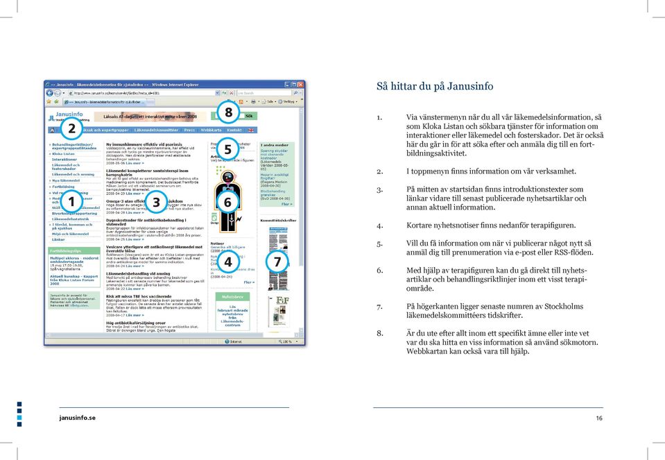 På mitten av startsidan finns introduktionstexter som länkar vidare till senast publicerade nyhetsartiklar och annan aktuell information. 4. Kortare nyhetsnotiser finns nedanför terapifiguren. 4 7 5.