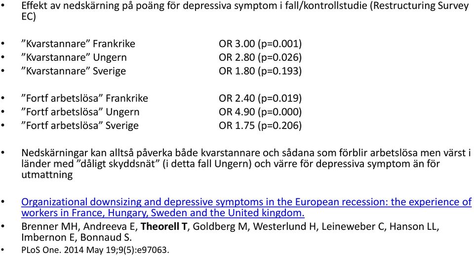 206) Nedskärningar kan alltså påverka både kvarstannare och sådana som förblir arbetslösa men värst i länder med dåligt skyddsnät (i detta fall Ungern) och värre för depressiva symptom än för