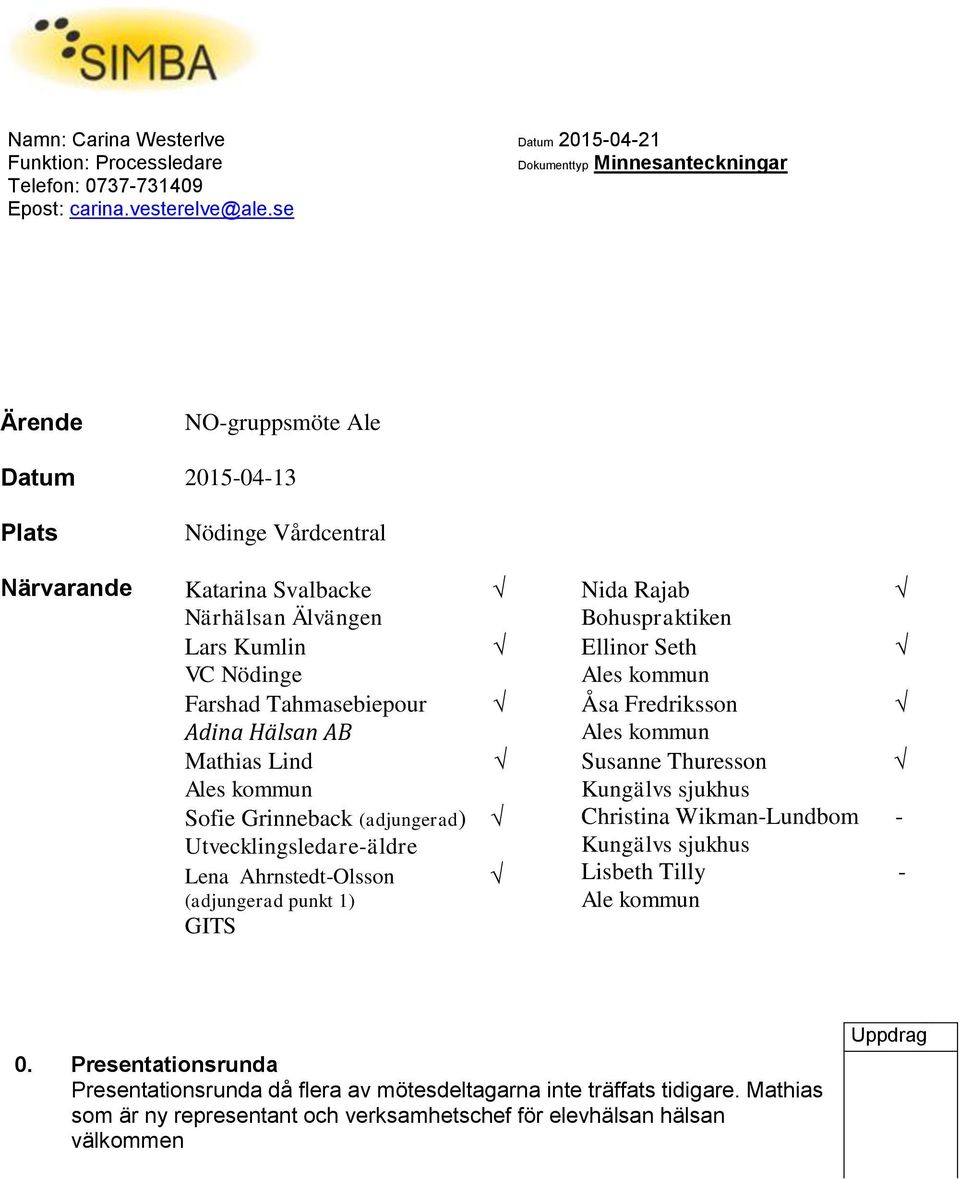 Tahmasebiepour Åsa Fredriksson Adina Hälsan AB Mathias Lind Susanne Thuresson Kungälvs sjukhus Sofie Grinneback (adjungerad) Utvecklingsledare-äldre Christina Wikman-Lundbom Kungälvs sjukhus -