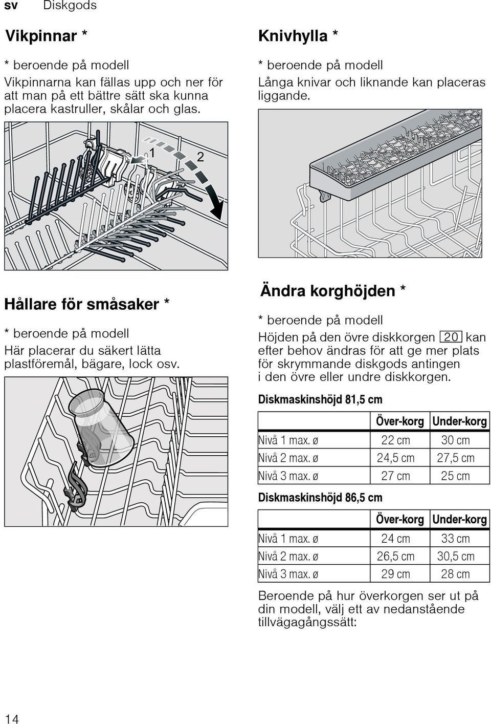 ÄndrakorghöjdenÄndra korghöjden * Hållare för småsaker *Hålareförsmåsaker * beroende på modell Här placerar du säkert lätta plastföremål, bägare, lock o.