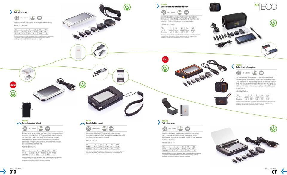 Solcellsladdare, 800mA, med uppladdningsbart litiumbatteri på 950mAh med en maxeffekt på 5V. 12 adaptrar för bl.a. iphone, USBkabel för in-/utgång. Allt förpackat i ett behändigt fodral.