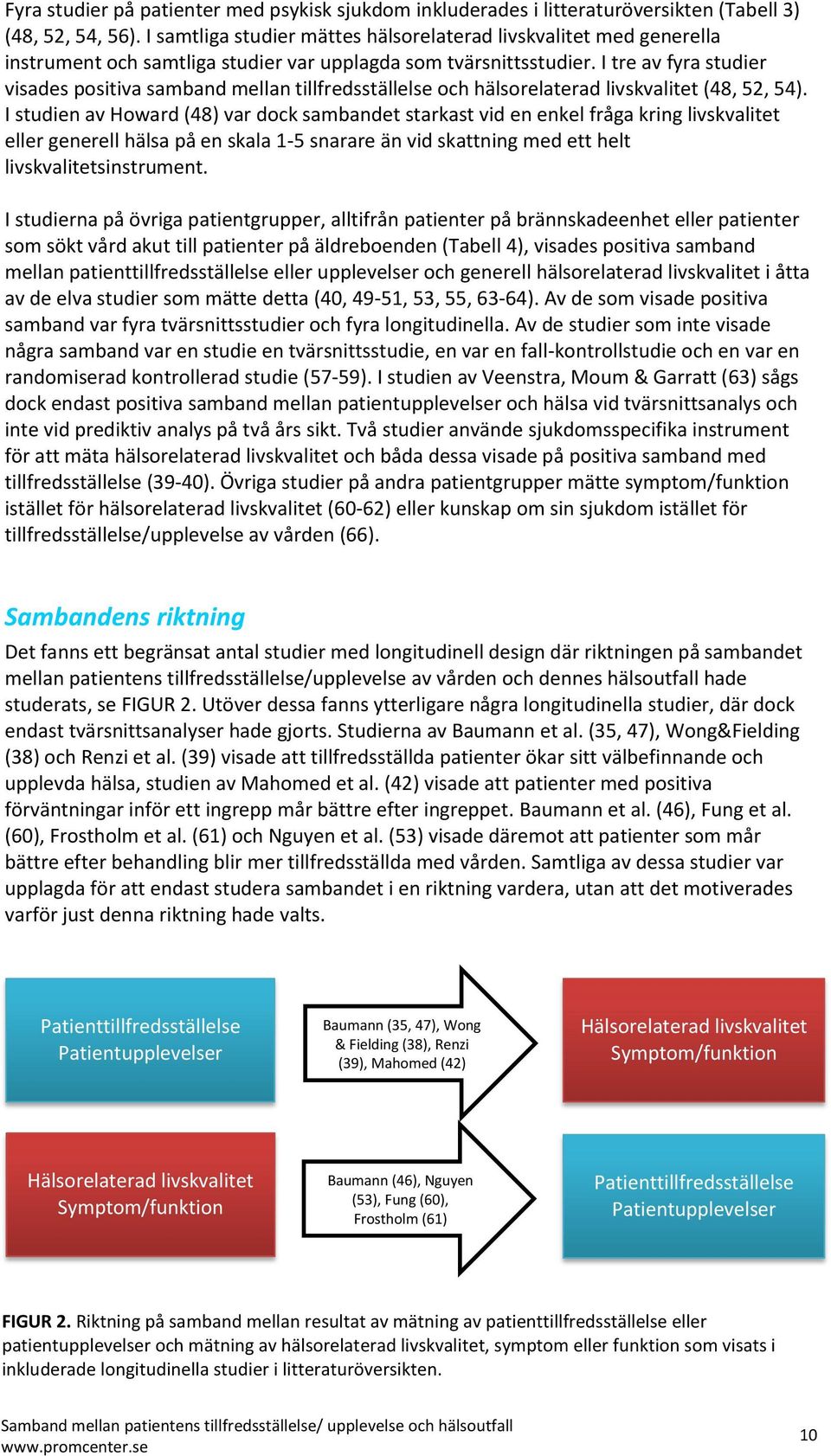 I tre av fyra studier visades positiva samband mellan tillfredsställelse och hälsorelaterad livskvalitet (48, 52, 54).