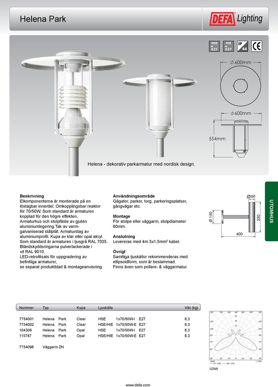 Som standard är armaturen i ljusgrå RAL 7035. Bländskyddsringarna pulverlackerade i vit RAL 9010. befintliga armaturer, För stolpe eller väggarm, stolpdiameter 60mm. Levereras med 4m 3x1,5mm 2 kabel.