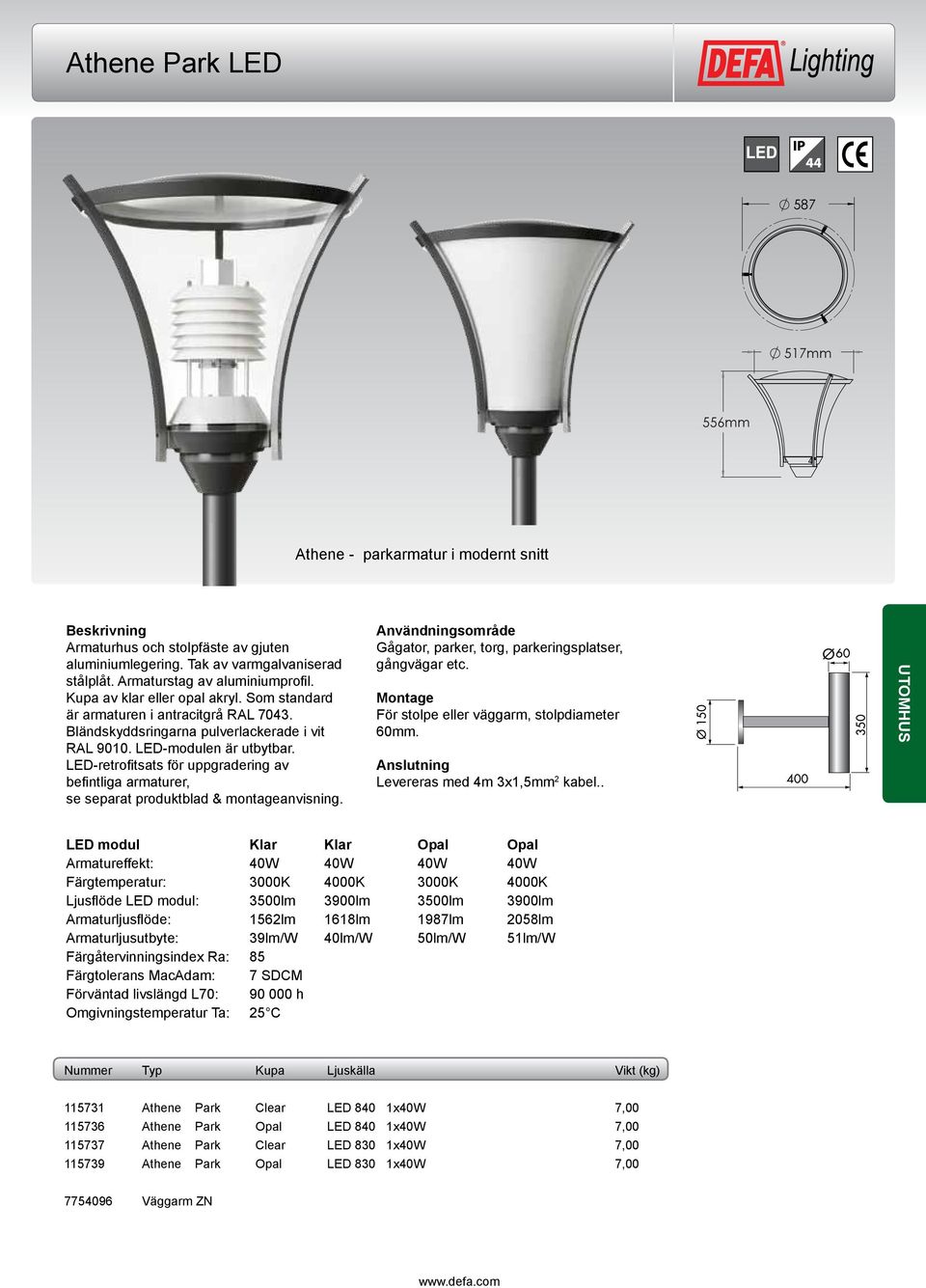 . LED modul Klar Klar Opal Opal Armatureffekt: 40W 40W 40W 40W Färgtemperatur: 3000K 4000K 3000K 4000K Ljusflöde LED modul: 3500lm 3900lm 3500lm 3900lm Armaturljusflöde: 1562lm 1618lm 1987lm 2058lm