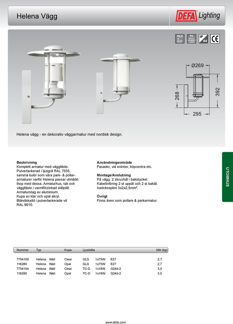 Armaturstag av aluminium. Kupa av klar och opal akryl. Bländskydd i pulverlackerade vit RAL 9010. Fasader, vid entréer, köpcentra etc. / På vägg. 2 skruvhål i bakstycket.