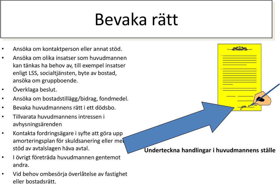 Överklaga beslut. Ansöka om bostadstillägg/bidrag, fondmedel. Bevaka huvudmannens rätt i ett dödsbo.