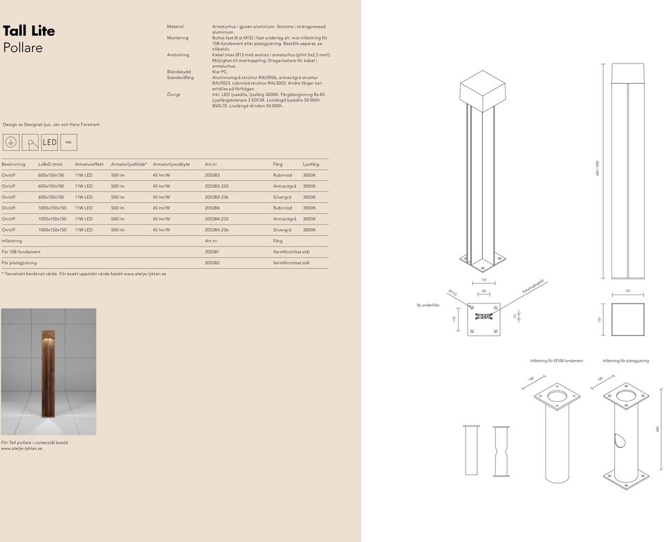 Standardfärg Aluminiumgrå struktur RAL9006, antracitgrå struktur RAL9023, rubinröd struktur RAL3003. Andra färger kan erhållas på förfrågan. Övrigt Inkl. LED ljuskälla, ljusfärg 3000K.