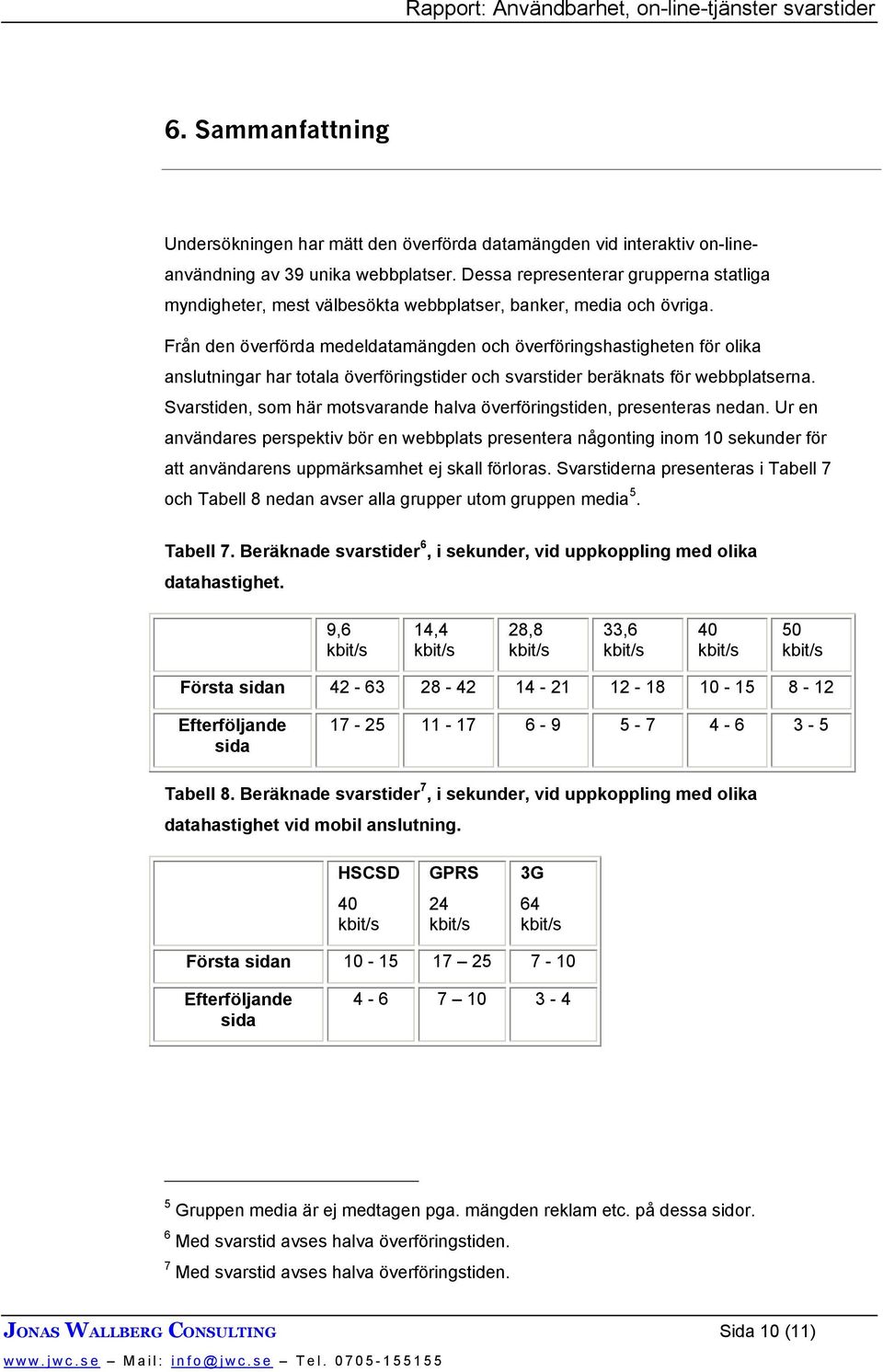 Från den överförda medeldatamängden och överföringshastigheten för olika anslutningar har totala överföringstider och svarstider beräknats för webbplatserna.