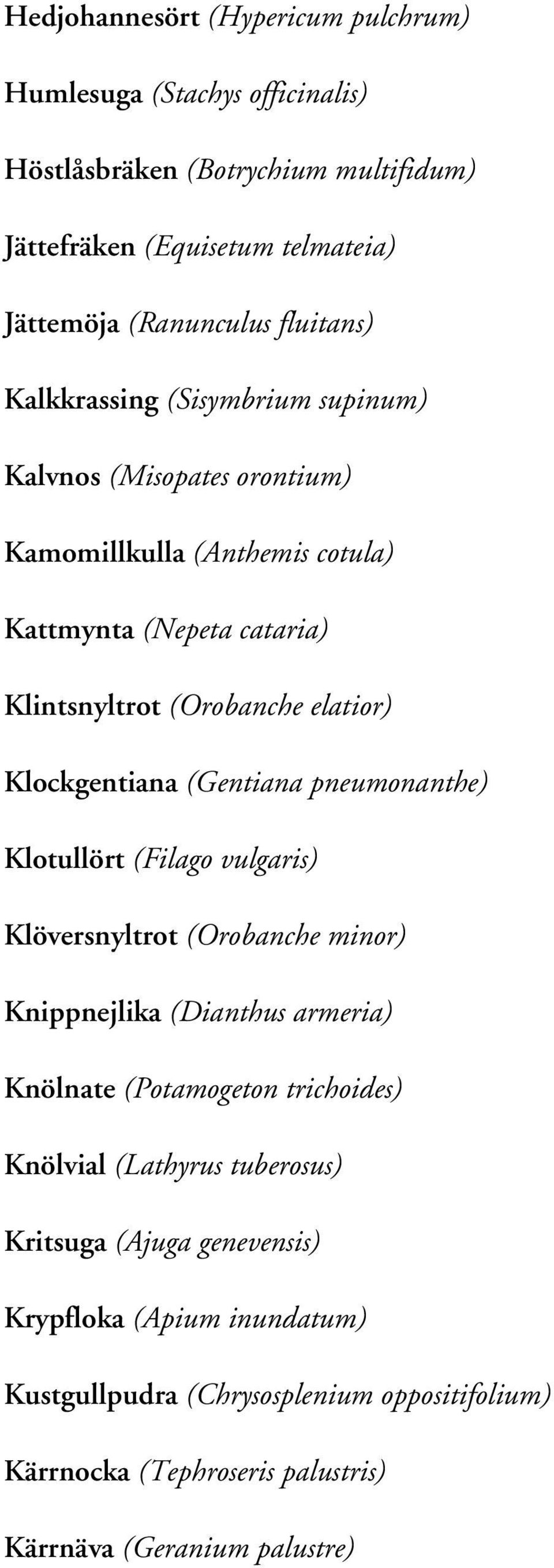 (Gentiana pneumonanthe) Klotullört (Filago vulgaris) Klöversnyltrot (Orobanche minor) Knippnejlika (Dianthus armeria) Knölnate (Potamogeton trichoides) Knölvial (Lathyrus