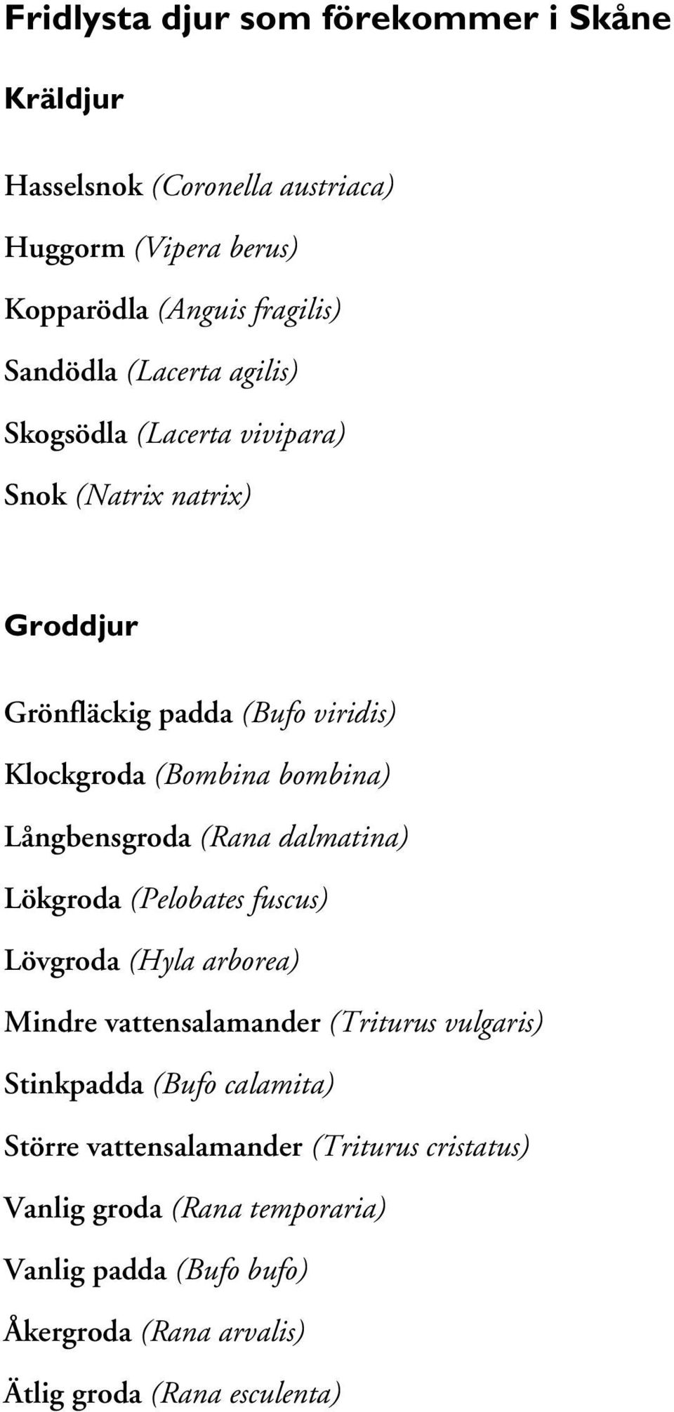 Långbensgroda (Rana dalmatina) Lökgroda (Pelobates fuscus) Lövgroda (Hyla arborea) Mindre vattensalamander (Triturus vulgaris) Stinkpadda (Bufo