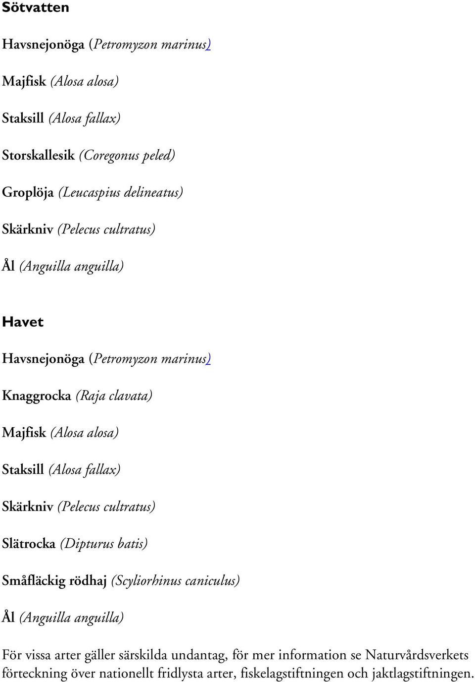 Staksill (Alosa fallax) Skärkniv (Pelecus cultratus) Slätrocka (Dipturus batis) Småfläckig rödhaj (Scyliorhinus caniculus) Ål (Anguilla anguilla) För