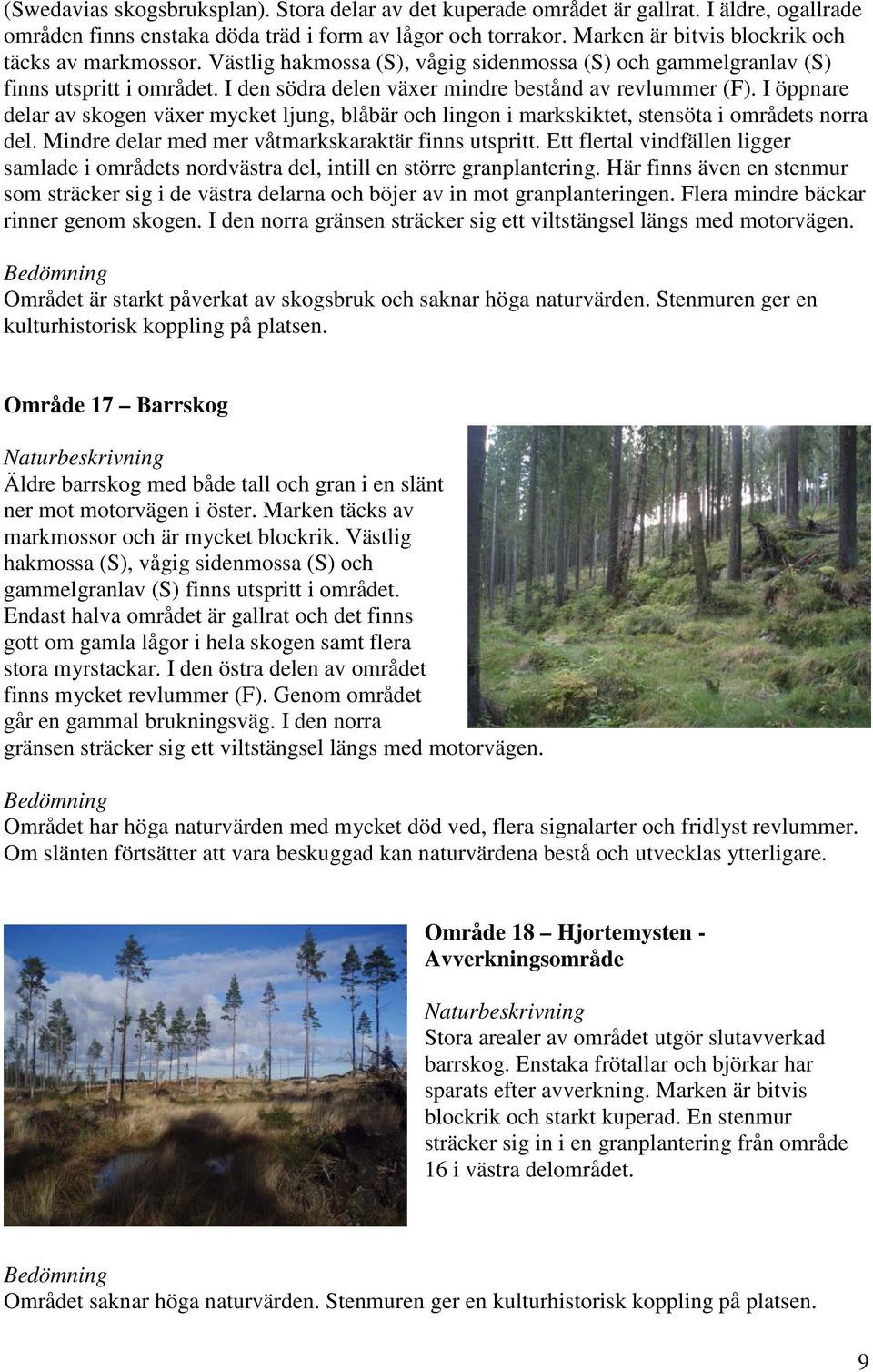 I öppnare delar av skogen växer mycket ljung, blåbär och lingon i markskiktet, stensöta i områdets norra del. Mindre delar med mer våtmarkskaraktär finns utspritt.
