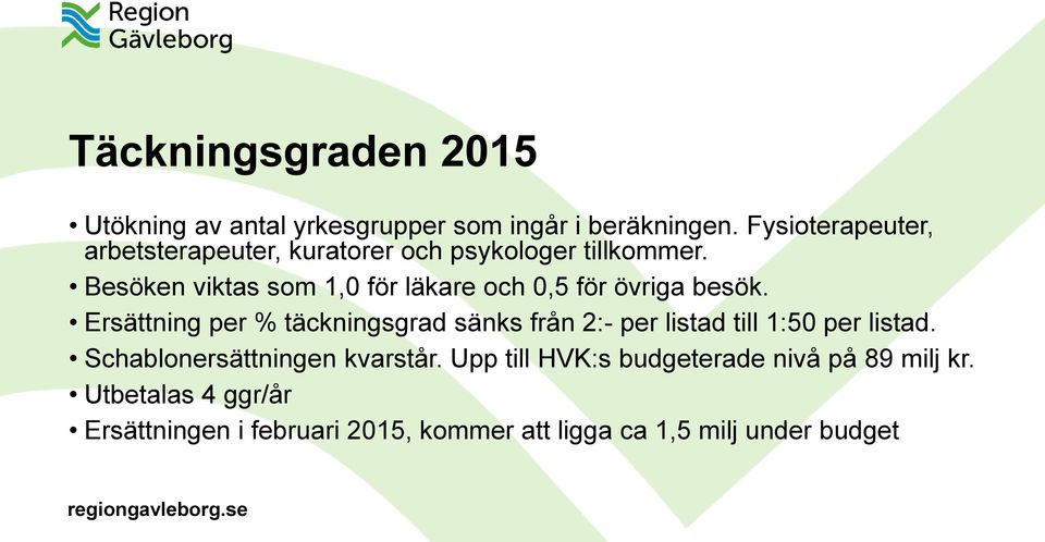 Besöken viktas som 1,0 för läkare och 0,5 för övriga besök.