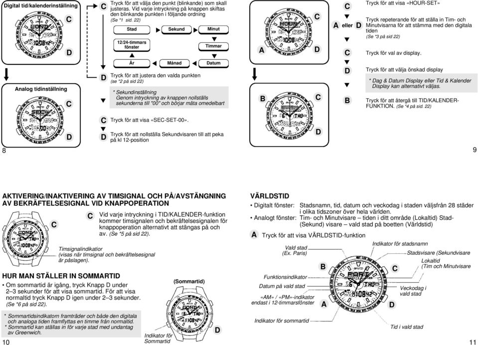 22) Stad 12/24-timmars fönster År Sekund Månad Tryck för att justera den valda punkten (se *2 på sid 22) Minut Timmar atum * Sekundinställning Genom intryckning av knappen nollställs sekunderna till