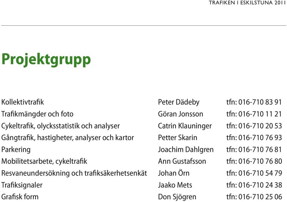 016-710 76 93 Parkering Joachim Dahlgren tfn: 016-710 76 81 Mobilitetsarbete, cykeltrafik Ann Gustafsson tfn: 016-710 76 80 Resvaneundersökning