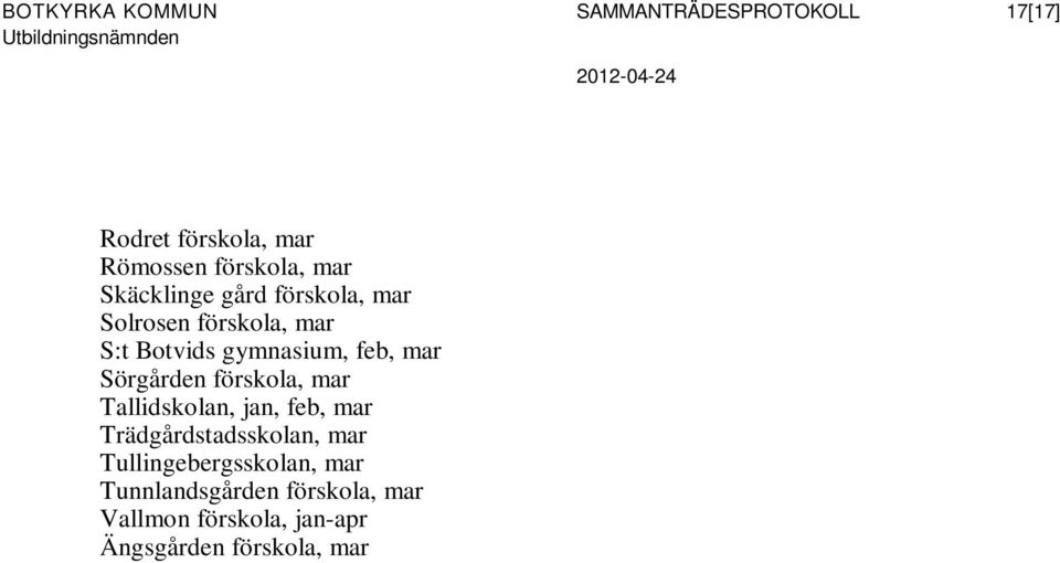 Sörgården förskola, mar Tallidskolan, jan, feb, mar Trädgårdstadsskolan, mar