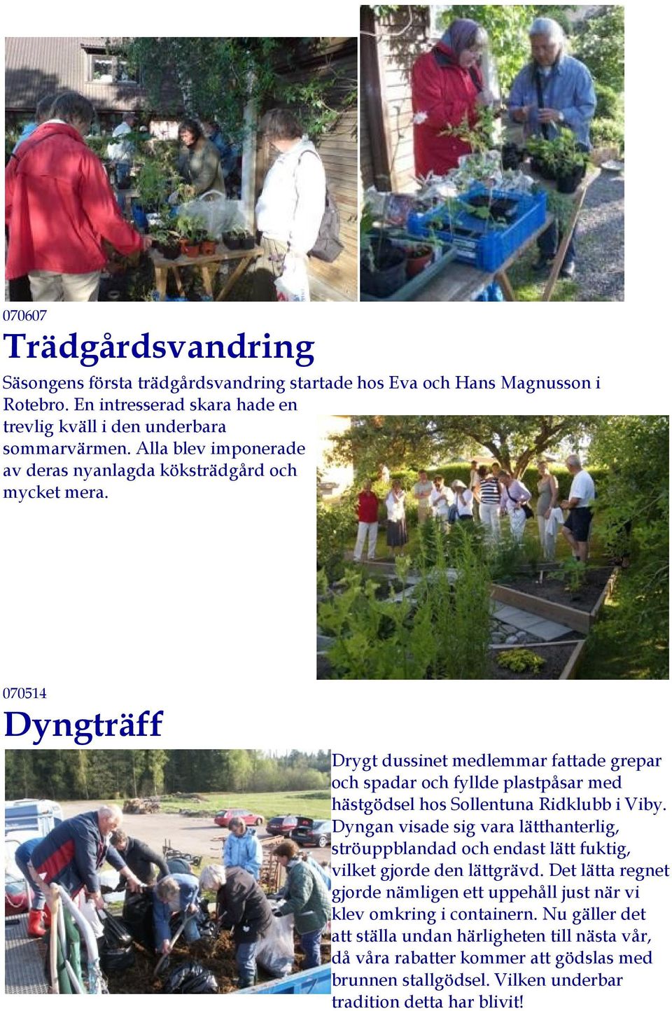 070514 Dyngträff Drygt dussinet medlemmar fattade grepar och spadar och fyllde plastpåsar med hästgödsel hos Sollentuna Ridklubb i Viby.