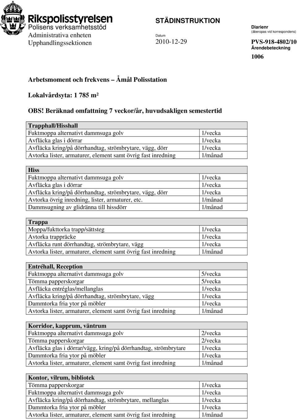 Beräknad omfattning 7 veckor/år, huvudsakligen semestertid Trapphall/Hisshall Avfläcka glas i dörrar, vägg, dörr Hiss Avfläcka glas i dörrar, vägg, dörr Avtorka övrig,