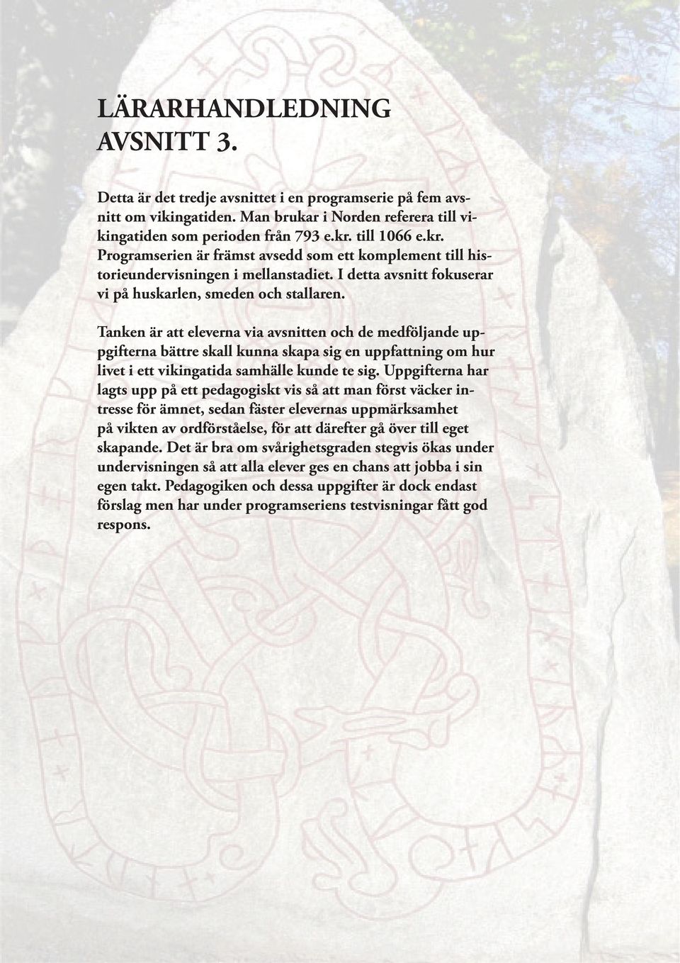 Tanken är att eleverna via avsnitten och de medföljande uppgifterna bättre skall kunna skapa sig en uppfattning om hur livet i ett vikingatida samhälle kunde te sig.
