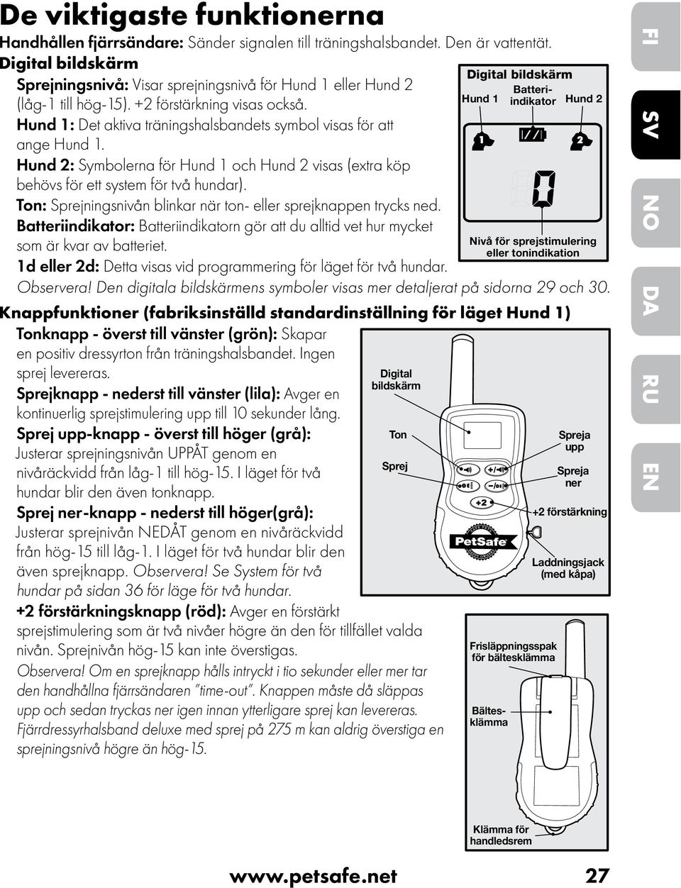 Hund 1: Det aktiva träningshalsbandets symbol visas för att ange Hund 1. Hund 2: Symbolerna för Hund 1 och Hund 2 visas (extra köp behövs för ett system för två hundar).